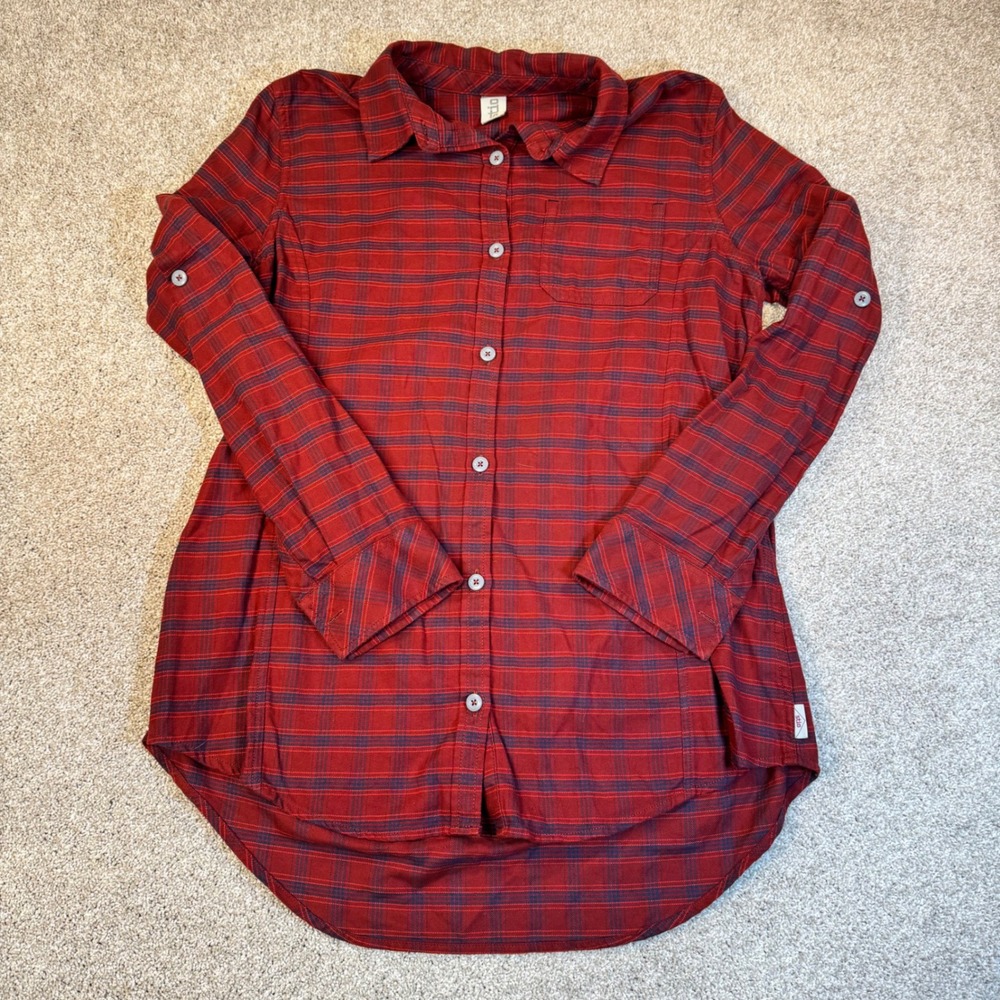 Stio Womens Red Plaid Cotton Button Down Shirt Long Sleeve High Low Hem Large